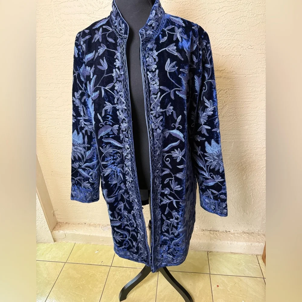 Soft Surroundings Navy Blue Velvet Embroidered Trench Coat - Picture 6 of 16